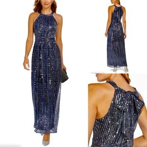 INC International Concepts Navy Sequin Halter Maxi Dress